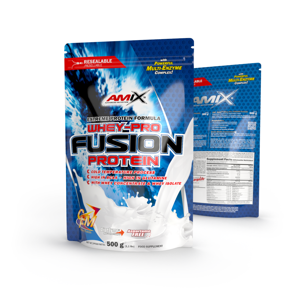 Protéines de fusion Whey Pro – Amix™ (4) et sachet de protéines de fusion WHEY-PRO 500 g Chocolat
